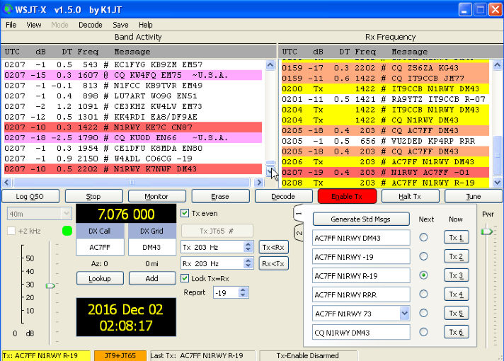 AC7FF and N1RWY WSJT software screen shot